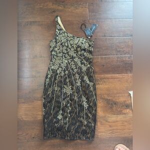 Sue Wong Black and Gold Pleated One-Shoulder Cocktail Dress